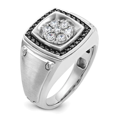 IBGoodman 10k White Gold Men's Polished and Satin 3/4 Carat A Quality Black and White Diamond Halo Cluster Ring