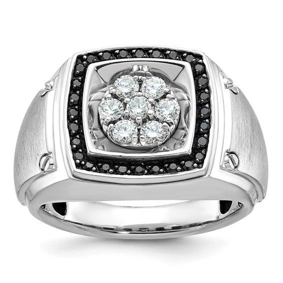 IBGoodman 10k White Gold Men's Polished and Satin 3/4 Carat A Quality Black and White Diamond Halo Cluster Ring