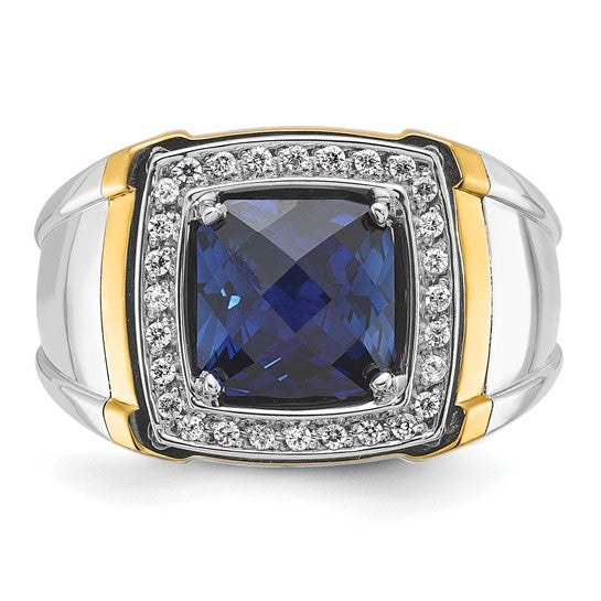 IBGoodman 14k Two-tone Men's Polished Lab Created Sapphire and AA Quality Diamond Ring