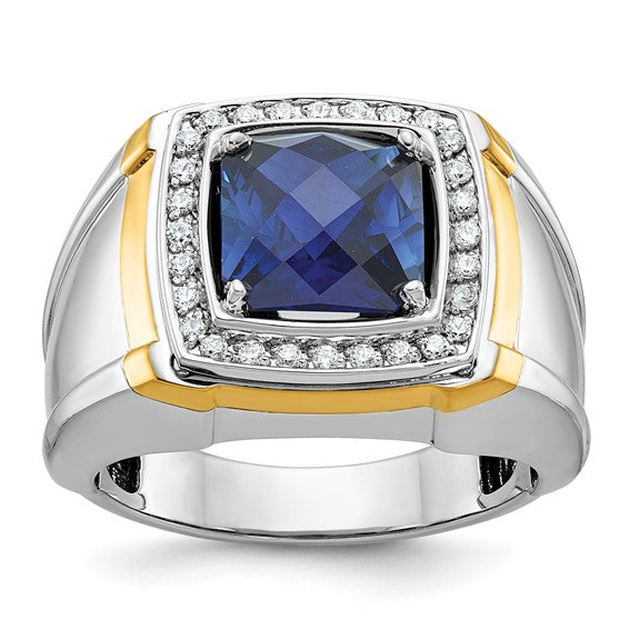 IBGoodman 14k Two-tone Men's Polished Lab Created Sapphire and AA Quality Diamond Ring