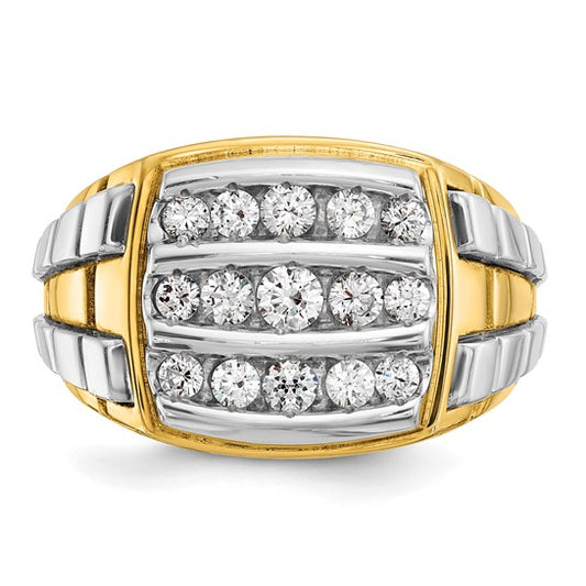 IBGoodman 14k Two-tone Men's Polished and Grooved 3-Row 1 Carat AA Quality Diamond Cluster Ring