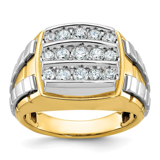 14ktt IBGoodman Men's Polished & Grooved 3-Row Diamond Cluster Ring