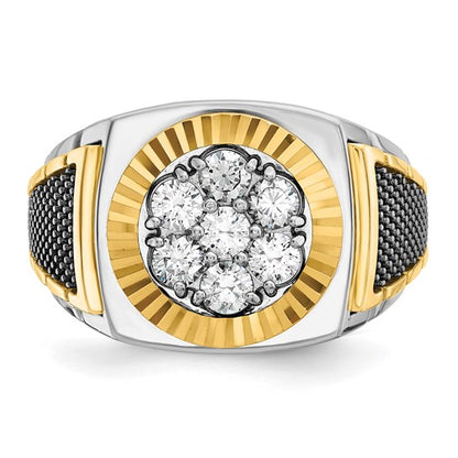 IBGoodman 14k Two-tone with Black Rhodium Men's Polished Textured and Diamond-cut 1 Carat AA Quality Diamond Round Cluster Ring