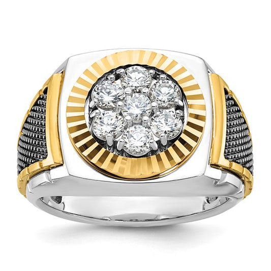 IBGoodman 14k Two-tone with Black Rhodium Men's Polished Textured and Diamond-cut 1 Carat AA Quality Diamond Round Cluster Ring