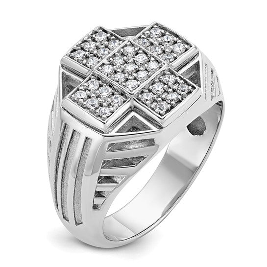 IBGoodman 14k White Gold Men's Polished Textured and Grooved 1/2 Carat AA Quality Diamond Cross Cluster Ring