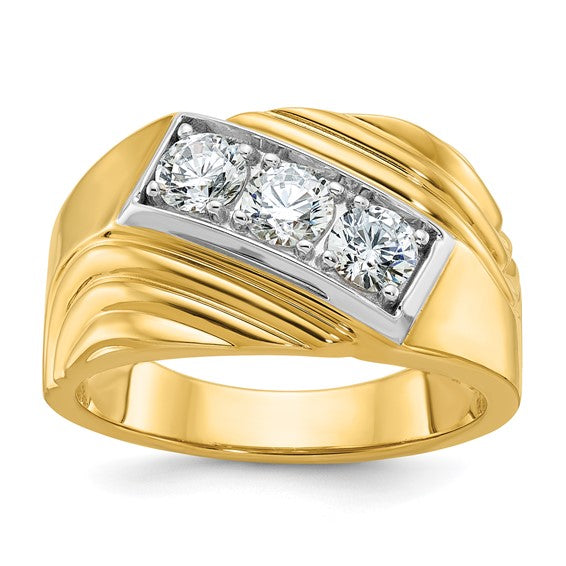 IBGoodman 14k with White Rhodium Men's Polished and Grooved 3-Stone 1 Carat Lab Grown Diamond Ring