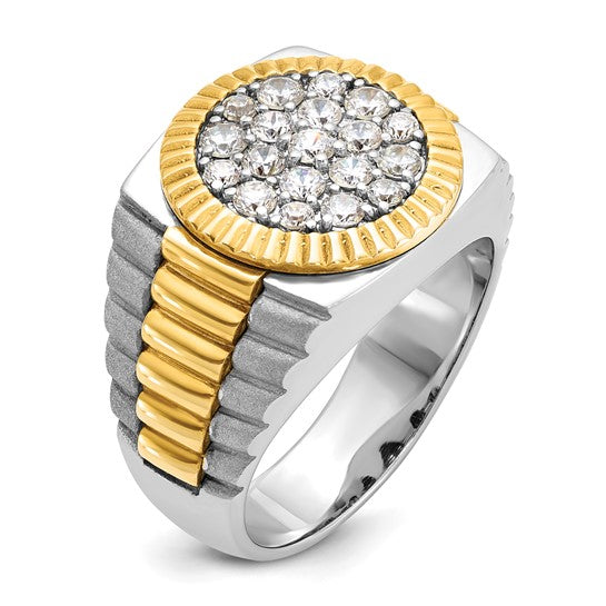 IBGoodman 14k Two-tone Men's Polished Satin and Ribbed 1 1/8 Carat A Quality Diamond Round Cluster Ring