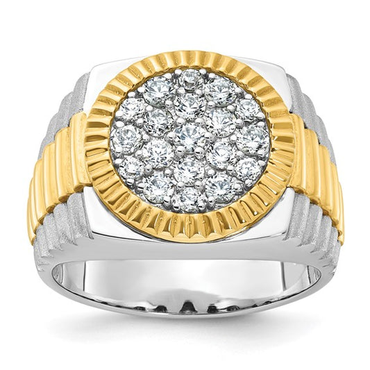 IBGoodman 14k Two-tone Men's Polished Satin and Ribbed 1 1/8 Carat A Quality Diamond Round Cluster Ring