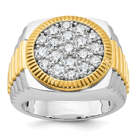 IBGoodman 14k Two-tone Men's Polished Satin and Ribbed 2 1/8 Carat AA Quality Diamond Round Cluster Ring