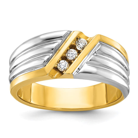 14ktt IBGoodman Men's Polished and Grooved 3-Stone Diamond Ring
