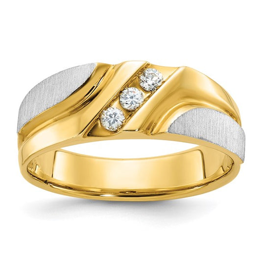 IBGoodman 14k Two-tone Men's Polished Satin and Grooved 3-Stone 1/6 Carat AA Quality Diamond Ring