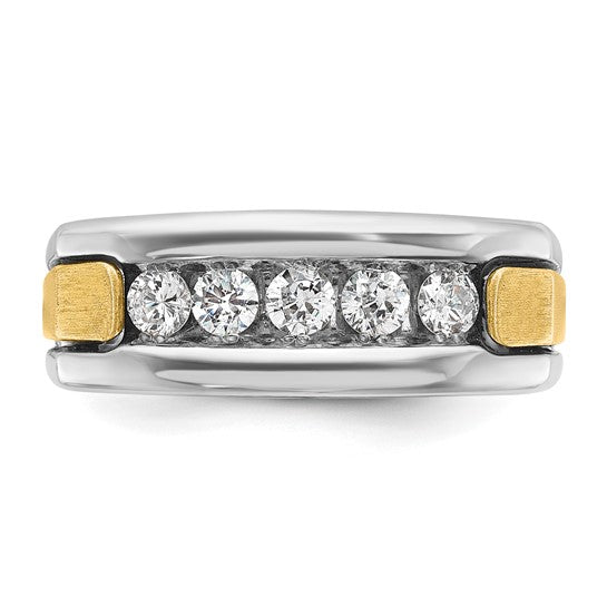 IBGoodman 14k Two-tone Men's Polished Satin and Grooved 5-Stone 1/2 Carat AA Quality Diamond Square Ring