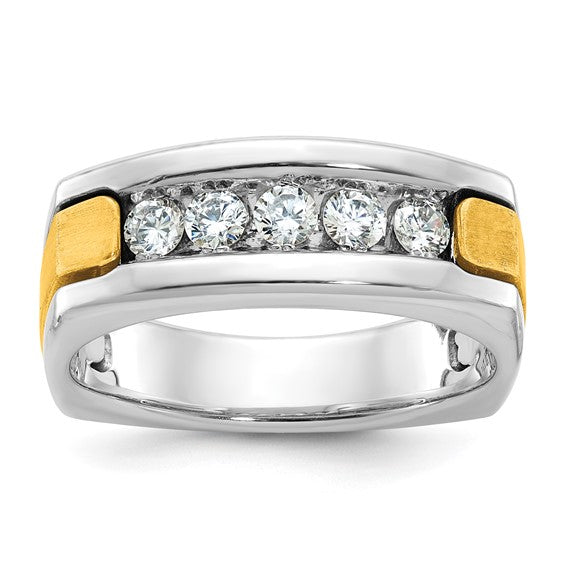 IBGoodman 14k Two-tone Men's Polished Satin and Grooved 5-Stone 1/2 Carat AA Quality Diamond Square Ring