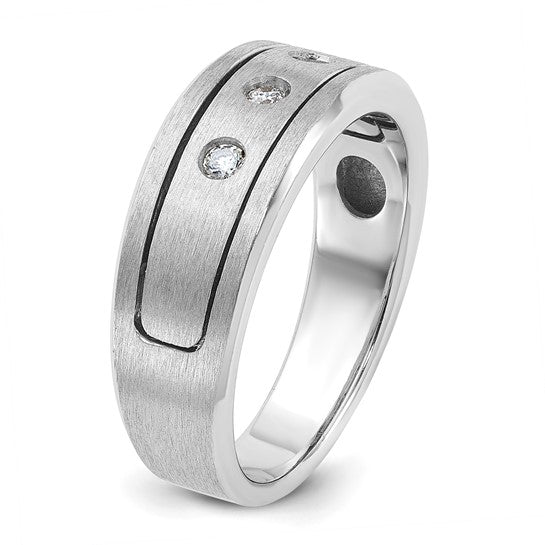 14k White Gold IBGoodman Men's Polished, Antiqued and Satin 1/6 carat Diamond Complete Ring