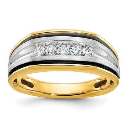 IBGoodman 14k Two-tone with Black Rhodium Men's Polished Satin and Grooved 5-Stone 1/4 Carat AA Quality Diamond Ring