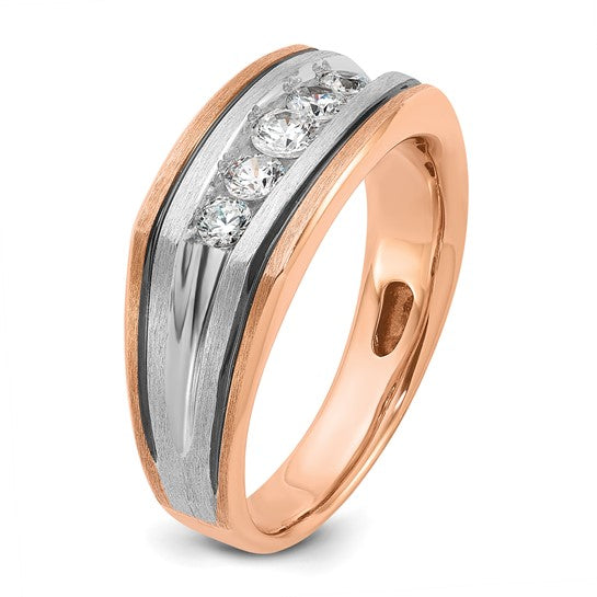 IBGoodman 14k White and Rose Gold with Black Rhodium Men's Polished Satin and Grooved 5-Stone 1/2 Carat AA Quality Diamond Ring