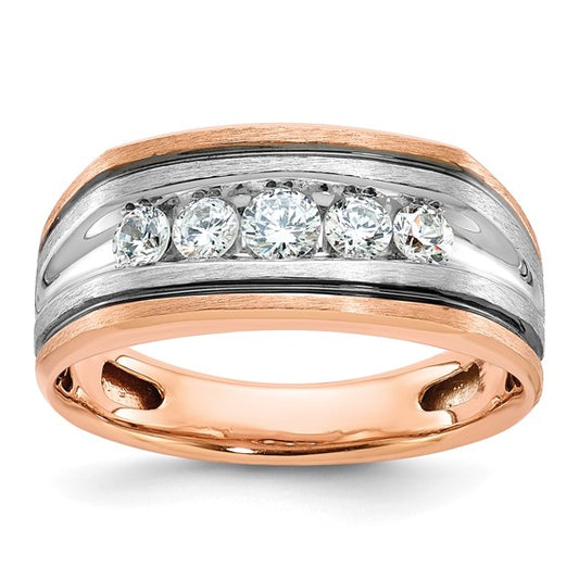 IBGoodman 14k White and Rose Gold with Black Rhodium Men's Polished Satin and Grooved 5-Stone 1/2 Carat AA Quality Diamond Ring