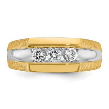 IBGoodman 14k with White Rhodium Men's Polished Satin and Grooved 3-Stone 1/2 Carat AA Quality Diamond Ring