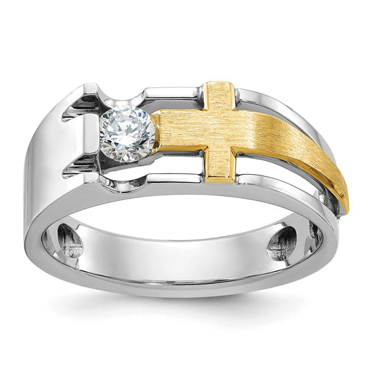 14k Two-tone IBGoodman Men's Polished Satin & Cut-Out Dia Cross Ring