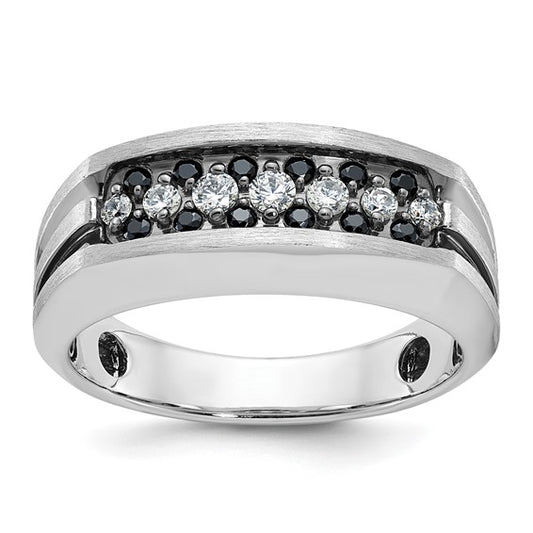 IBGoodman 10k White Gold with Black Rhodium Men's Polished Satin and Grooved 1/2 Carat A Quality Black and White Diamond Ring