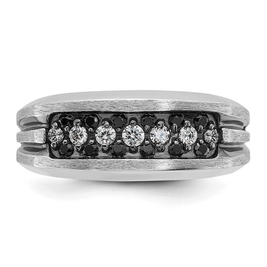 IBGoodman 14k White Gold with Black Rhodium Men's Polished Satin and Grooved 1/2 Carat AA Quality Black and White Diamond Ring