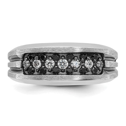 IBGoodman 14k White Gold with Black Rhodium Men's Polished Satin and Grooved 1/2 Carat AA Quality Black and White Diamond Ring