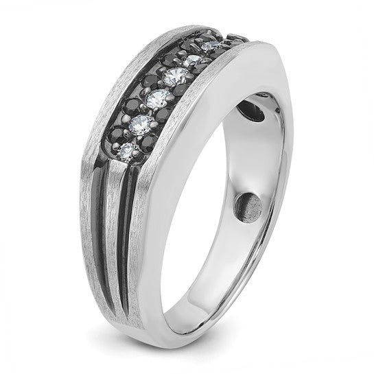 IBGoodman 14k White Gold with Black Rhodium Men's Polished Satin and Grooved 1/2 Carat AA Quality Black and White Diamond Ring