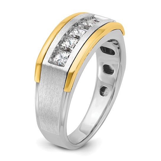 IBGoodman 14k Two-tone Men's Polished Satin and Grooved Square 5-Stone 1 Carat AA Quality Diamond Ring