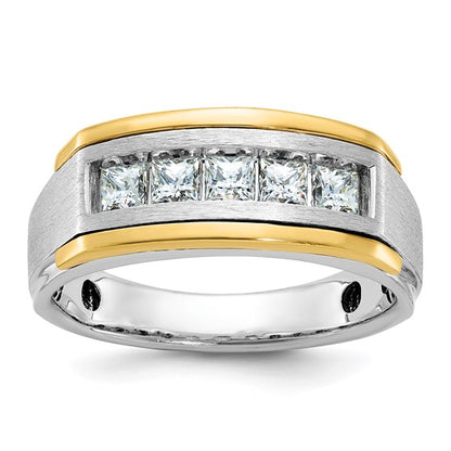 IBGoodman 14k Two-tone Men's Polished Satin and Grooved Square 5-Stone 1 Carat AA Quality Diamond Ring