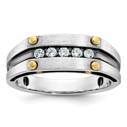 IBGoodman 14k Two-tone with Black Rhodium Men's Polished Satin and Grooved 5-Stone 1/4 Carat AA Quality Diamond Ring