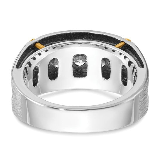 IBGoodman 14k Two-tone with Black Rhodium Men's Polished Satin and Grooved 5-Stone 1 Carat Lab Grown Diamond Ring