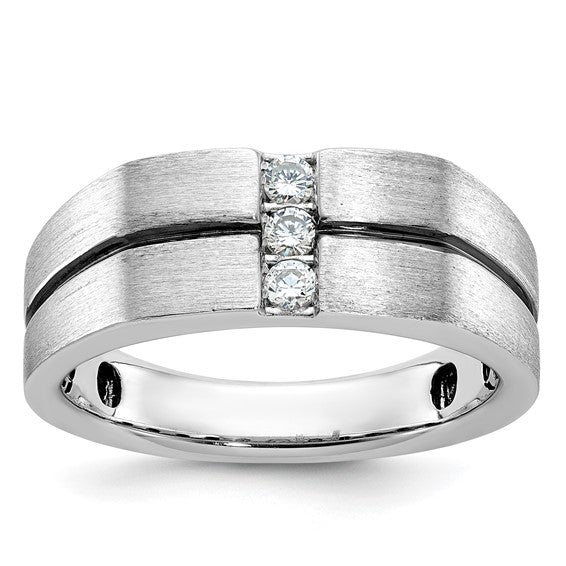 IBGoodman 14k White Gold with Black Rhodium Men's Satin and Grooved 3-Stone 1/5 Carat Lab Grown Diamond Ring