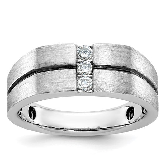 IBGoodman 14k White Gold with Black Rhodium Men's Satin and Grooved 3-Stone 1/5 Carat Lab Grown Diamond Ring