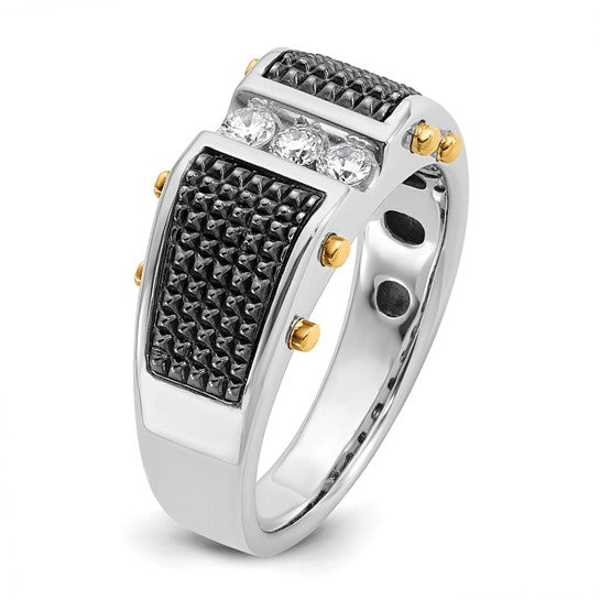 IBGoodman 14k Two-tone with Black Rhodium Men's Polished and Textured 3-Stone 1/4 Carat Lab Grown Diamond Ring