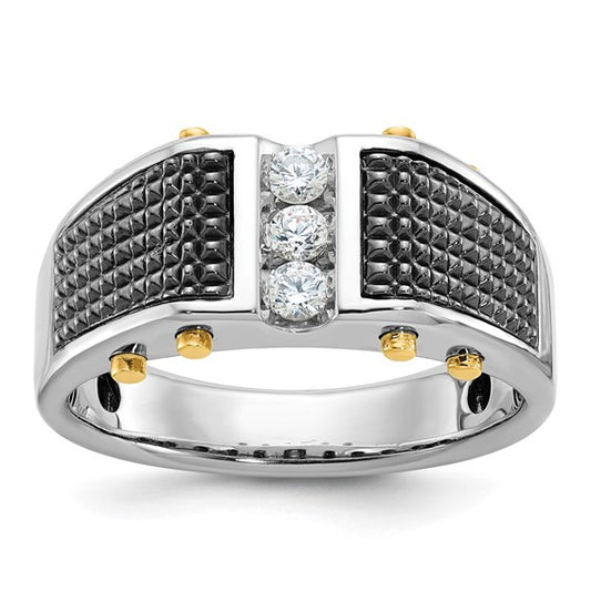 IBGoodman 14k Two-tone with Black Rhodium Men's Polished and Textured 3-Stone 1/4 Carat Lab Grown Diamond Ring