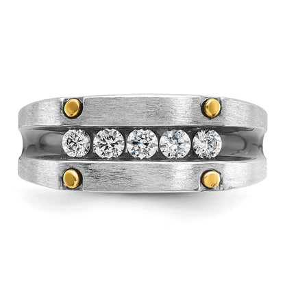 IBGoodman 14k Two-tone with Black Rhodium Men's Polished Satin and Grooved 5-Stone 1/2 Carat Lab Grown Diamond Ring