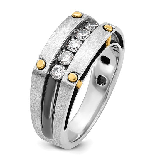 IBGoodman 14k Two-tone with Black Rhodium Men's Polished Satin and Grooved 5-Stone 1/2 Carat Lab Grown Diamond Ring
