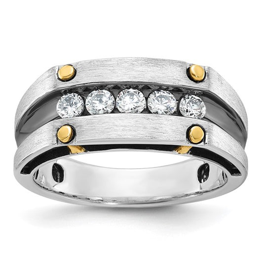 IBGoodman 14k Two-tone with Black Rhodium Men's Polished Satin and Grooved 5-Stone 1/2 Carat Lab Grown Diamond Ring