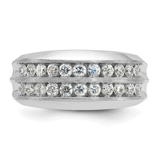 IBGoodman 14k White Gold Men's Polished Satin and Grooved 2-Row 1 Carat AA Quality Diamond Ring