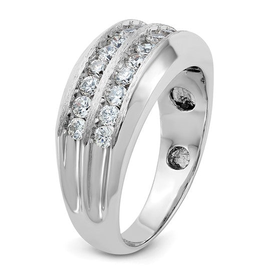 IBGoodman 14k White Gold Men's Polished Satin and Grooved 2-Row 1 Carat AA Quality Diamond Ring