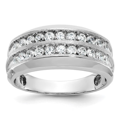 IBGoodman 14k White Gold Men's Polished Satin and Grooved 2-Row 1 Carat AA Quality Diamond Ring