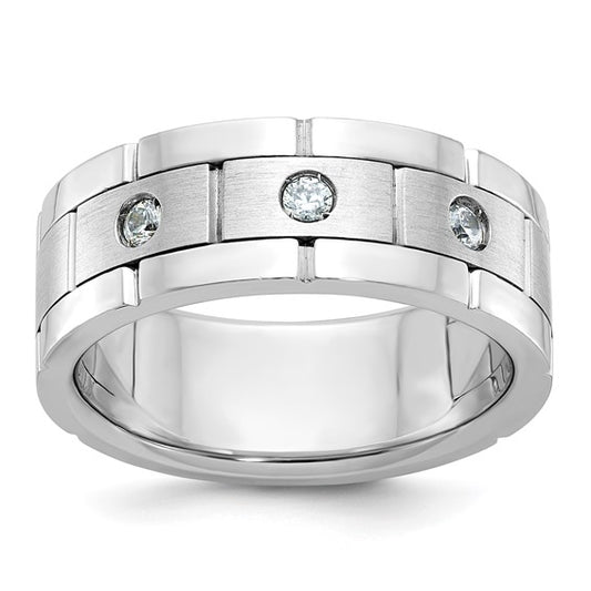 IBGoodman 14k White Gold Men's Polished Satin and Grooved 3-Stone 1/6 Carat Lab Grown Diamond Ring