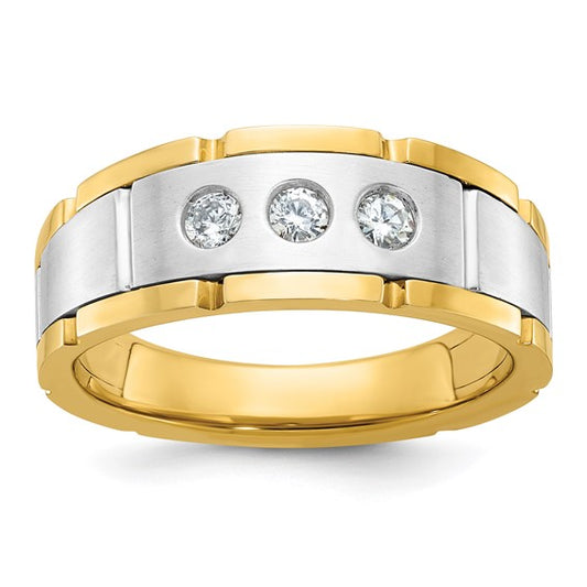 IBGoodman 14k Two-tone Men's Polished Satin and Grooved 3-Stone 1/4 Carat Lab Grown Diamond Ring