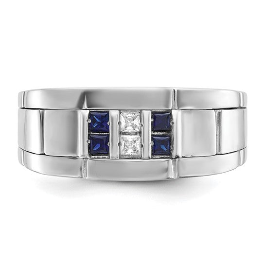 IBGoodman 14k White Gold Men's Polished and Grooved Lab Created Sapphire and 1/10 Carat AA Quality Diamond Ring
