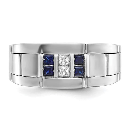IBGoodman 14k White Gold Men's Polished and Grooved Lab Created Sapphire and 1/10 Carat AA Quality Diamond Ring
