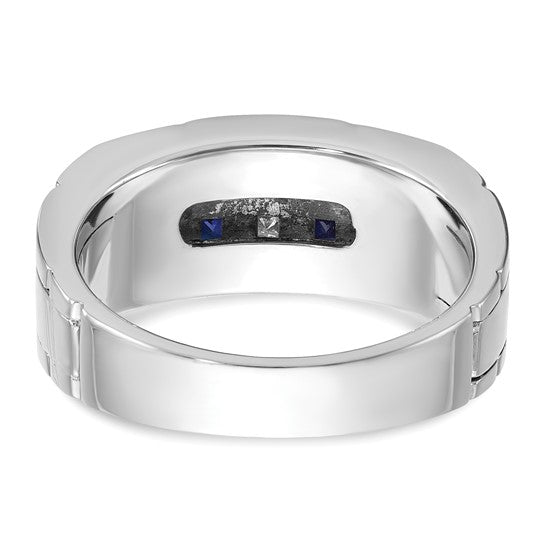 IBGoodman 14k White Gold Men's Polished and Grooved Lab Created Sapphire and 1/10 Carat AA Quality Diamond Ring