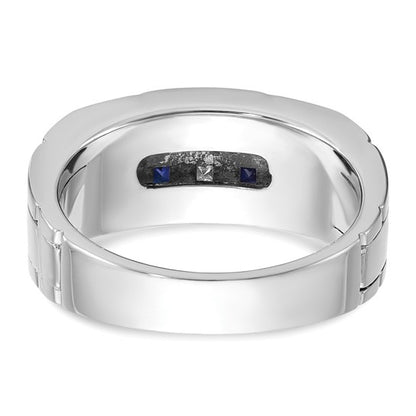 IBGoodman 14k White Gold Men's Polished and Grooved Lab Created Sapphire and 1/10 Carat AA Quality Diamond Ring
