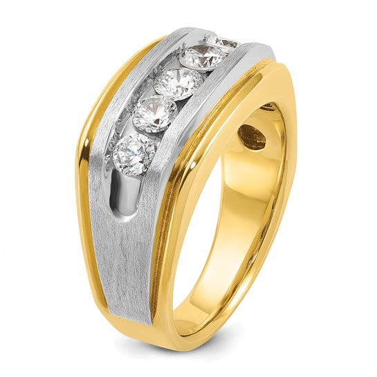 IBGoodman 14k Two-tone Men's Polished Satin and Grooved 5-Stone 1 Carat AA Quality Diamond Ring