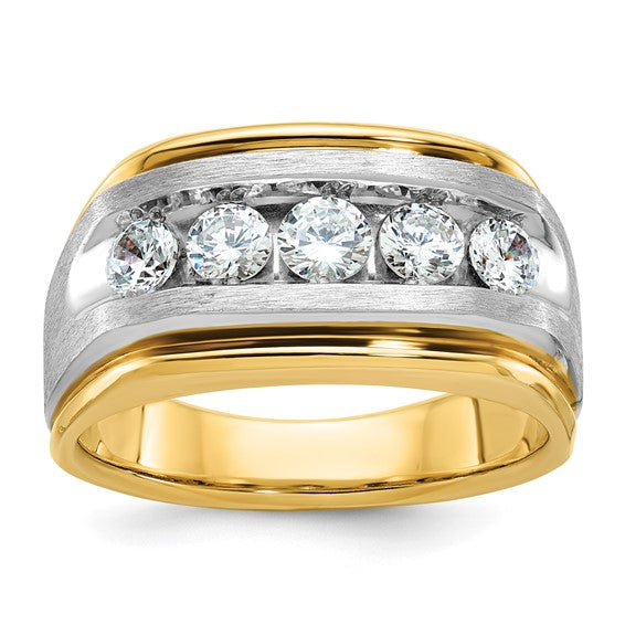 IBGoodman 14k Two-tone Men's Polished Satin and Grooved 5-Stone 1 Carat AA Quality Diamond Ring