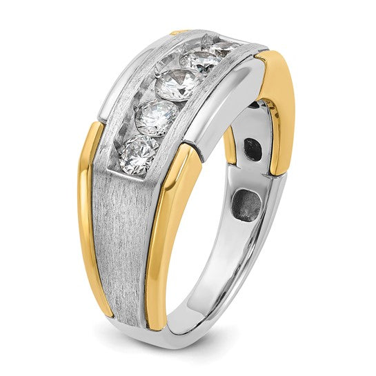 IBGoodman 14k Two-tone Men's Polished Satin and Grooved 5-Stone 1 Carat AA Quality Diamond Ring